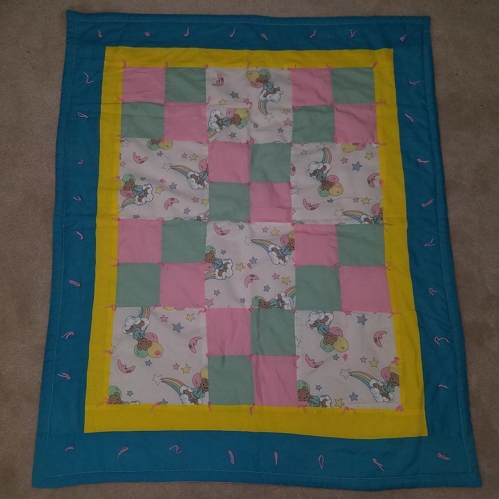 Handmade Baby Blanket Teddy Bear Balloons Rainbows